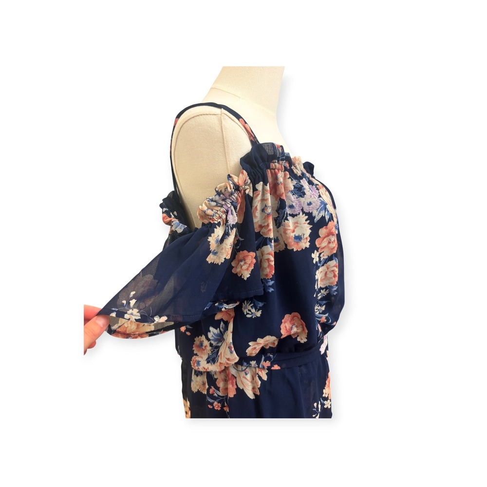 Floral Romper Dress Navy Blue Hi-Low Cold Shoulder Chiffon Boho Large - Picture 4 of 11
